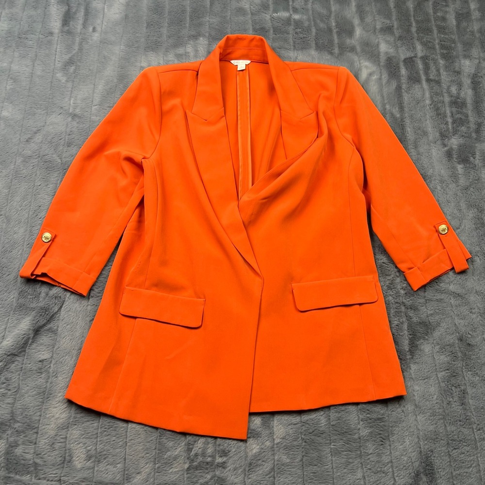 Cato Womens Orange Open Front Blazer Jacket Gold Button 3/4 Sleeve Size L
